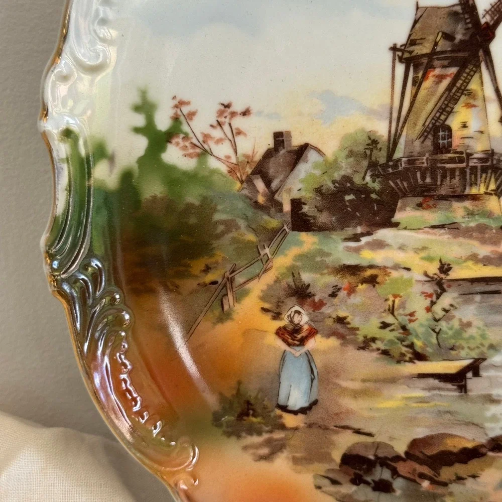 Leuchtenburg Germany Antique Windmill Dutch Landscape Scalloped Gilt Plate 10